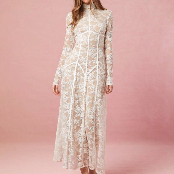 White Elegant Women's Sweet Floral Lace Sexy Dress - Picture 1 of 7